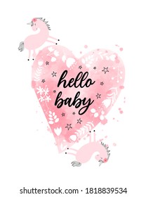 Hello baby greeting card for child vector. Baby shower watercolor girl design elements. 