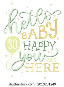 Hello Baby So Happy You Are Here. Cute Vector Gender Neutral Newborn Lettering For Postcard, Greeting Card Or Poster