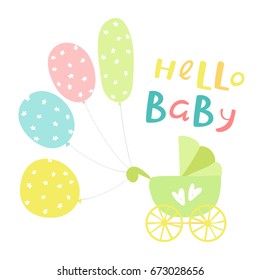 hello baby inscription with baby carriage (buggy) and bright balloons
