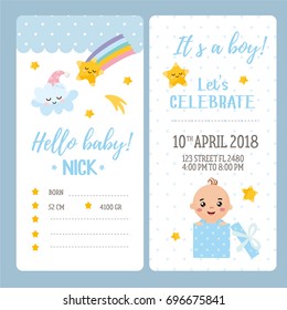 "Hello Baby" invitation design. Card with cute baby boy, cloud, star and rainbow. Baby Shower. Childish greeting card template. Hand drawn letters. Place for your text.