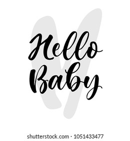 Hello Baby. Lettering for babies clothes and nursery decorations (bags, posters, invitations, cards, pillows). Brush calligraphy isolated on white background. Overlay for photo album. 

