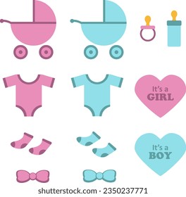 Hello baby set, vector. Stroller, bodysuit for baby, socks for baby, bow, pacifier, bottle with pacifier, inscriptions It's a girl, It's a boy. Pink and blue colors.