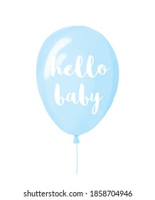 Hello Baby. Baby Shower Vector Illustration with Pastel Blue Balloon Isolated on a White Background. Nursery Art ideal for Card, Invitation, Wall Art. Baby Boy Party Decoration. 