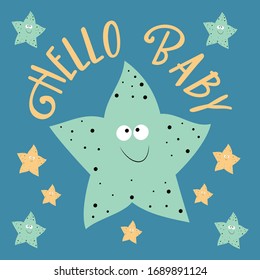 Hello Baby text with cute starfish illustration.
Good for baby room decoration, greeting card, poster, and gift design.