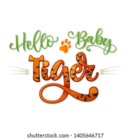 Hello Baby Tiger phrase. Hand drawn calligraphy and script style baby shower lettering quote. Colorful isolated text with minimalistic decor. Print, invitation, card, poster