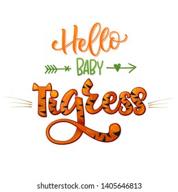 Hello Baby Tigress phrase. Hand drawn calligraphy and script style baby shower lettering quote. Colorful isolated text with minimalistic decor. Print, invitation, card, poster