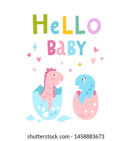 Hello baby two little dinosaurs vector illustration. Funny clipart for children and newborn babies