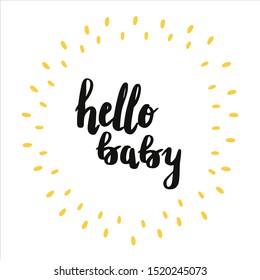 Hello Baby. vector lettering isolated on white background.Baby shower card template and nursery decorations (bags, posters, invitations, cards, pillows).Overlay for photo album.