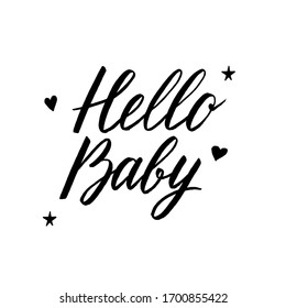 Hello, baby-hand drawn. Baby arrival celebration party handwritten phrase. A newborn, first-born child congratulates calligraphy with a Doodle drawing. Card, the inscription on the banner