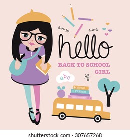 Hello back to school poster illustration cover design with books school bus ABC alphabet and nerdy school girl template in vector