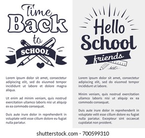 Hello back to school time black-and-white sticker with inscription. Vector illustration of crossed fountain pen and graphite pencil with text