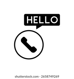Hello badge icon with speech bubble and telephone receiver