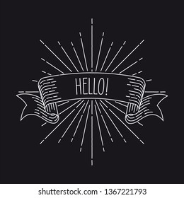 Hola banner. Elemento de diseño de banner de cinta de opciones en apariencia vintage con bienvenida de palabra, gráfico de estilo de grabado. Ilustración de vectores retro.