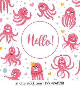 Hello Banner Template with Cute Funny Pink Octopus Seamless Pattern, Banner, Poster, Background Design Vector Illustration