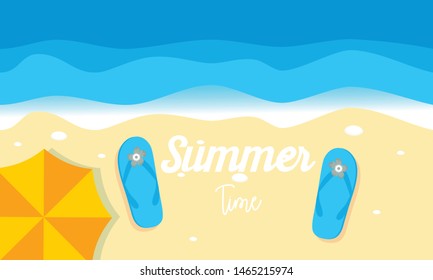 Hello beach, hello summer concept. Vector illustration with the beach and ocean waves