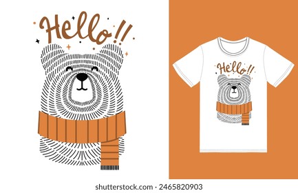Hello bear illustration with tshirt design premium vector the Concept of Isolated Technology. Flat Cartoon Style Suitable for Landing Web Pages,T shirt, Flyers, Stickers