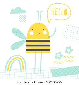 Hello bee: doodle vector illustration for kids. Fashion baby print in yellow and turquoise colors.