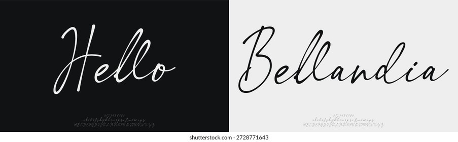 Hola Bellandia, Alfabeto de la fuente Script en mayúsculas y minúsculas y número. Diseños de moda minimalistas con letras clásicas. Tipografía moderna serif Fuentes concepto vintage decorativo regular. Ilustración vectorial
