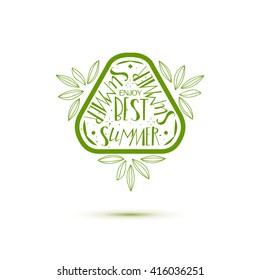 Hello Best  Summer stamp with decorative leaves. Season tag. Vector banner. Green summer stamp with lettering. 