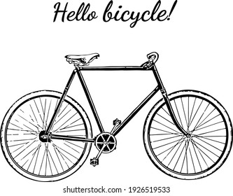 Hola bicicleta. Bicicleta sencilla y retro romántica con caligrafía. Ilustración vectorial. 
