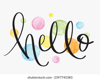 HELLO black vector brush calligraphy with colorful watercolor dots