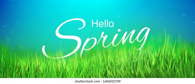 Hello blue spring sale background stock vector illustration. Realistic grass, blurred defocused backdrop. Macro lawn. Green bokeh. Templates for placards, banners, flyers, presentations, reports EPS10