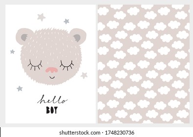 Hello Boy. Baby Shower Illustration. Cute Nursery Art with Little Dreamy Baby Bear Isolated on a White Background. Seamless Irregular Vector Pattern with White Fluffy Clouds on a Beige.Baby Boy Party.