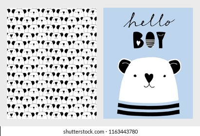 Hello Boy. Cute Hand Drawn Baby Shower Vector Illustrations Set. White Little Bear on a Blue Background. Heads of Bears Pattern. Infantile Design. Hand Written Black Letters. Nose in the Heart Shape.