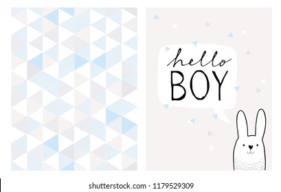 Hello Boy Hand Drawn Card and Irregular Triangles Vector Pattern. White Hand Drawn Bunny on a Light Gray Background. Triangle Shape Confetti. White Speech Bubble with Black Handwritten Text.