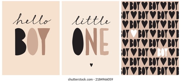 Hello Boy. Little One. Cute Hand Drawn Vector Illustrations And Seamless Pattern For Baby Boy. Black And Brown Handwritten Letters On A Beige Background. Cool Nursery Art Ideal For Card, Poster. 