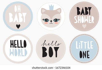 Hello Boy. Lovely Baby Shower Party Tags. Cute Kitty Boy Wearing a Blue Crown Isolated on a White Background. Round Shape Cake Toppers for Baby Shower. Baby Boy Party Decoration.