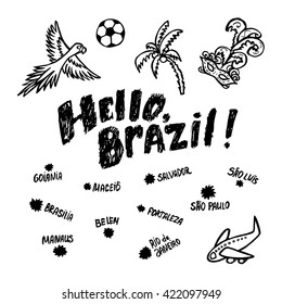 "Hello, Brazil" concept for cards with several main cities of the country. 