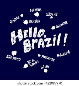 "Hello, Brazil" concept for cards with several main cities of the country. 