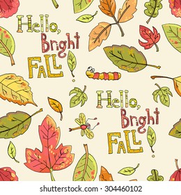 Hello, bright fall! Vector hand drawn doodle seamless pattern of maple, aspen, oak, elm leaf, dragonfly, caterpillar, worm, cute and bright. Vertical composition