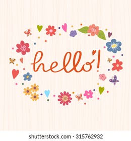 Hello. Bright romantic card with summer flowers. Fabulous thank you concept design
