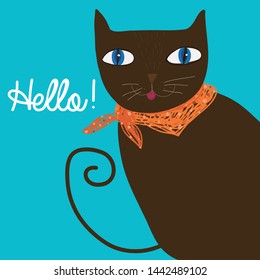 Hello! Brown cat on blue