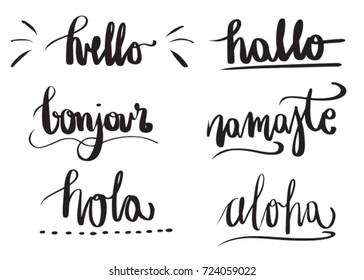 Hello brush lettering in six different languages. Hand-drawn lettering. Vector illustration.