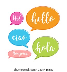 Hello bubble in different language. English, italian, french, spanish speech school, hello concept.