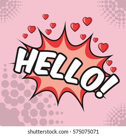 hello bubble hearts love pop art pink background design