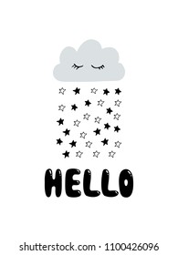 Hello bubble word Cute scandi nursery poster or card with monochrome black and white stars. Modern stylich kids poster in scandinavian style. Good for baby nursery desigsn and print. Hand drawn doodle