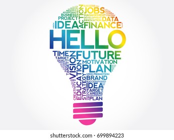 HELLO bulb word cloud collage, business concept background