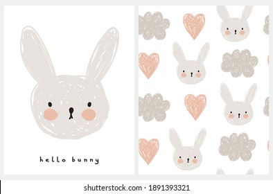 Hello Bunny. Lovely Nursery Art and Seamless Vector Pattern with Hand Drawn Clouds, Bunny and Hearts Isolated on a White Background. Cute Illustration ideal for Kids Room Decoration, Wall Art, Card.