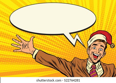 Hello businessman Christmas surprise. Pop art retro vector illustration