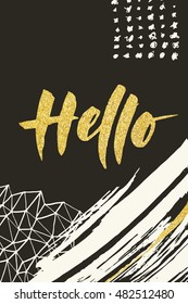 Hello calligraphic text. Vector abstract design with gold. Colored background designed for  any kind of print media. Gold color. 