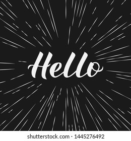 Hello calligraphy lettering on black background. Hand drawn typography poster. Word Hello written with brush. Vector template for greeting cards, welcome banners,  flyers.