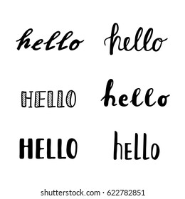 Hello calligraphy lettering quotes handwritten. Vector elements for greeting card, invitation, calendar, scrapbooking, badge, etc.  