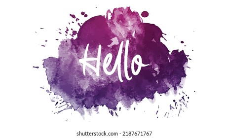 Hello caption isolated on purple water color splash vector image.