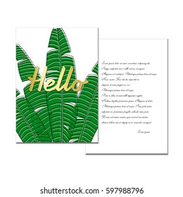 Hello card with banana leaves. Vector Mock up. 
