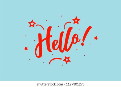 Hello card. Beautiful greeting scratched calligraphy red text word stars. Hand drawn invitation design. Handwritten modern brush lettering blue background vector