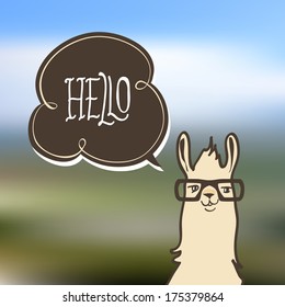 Hello card with bubble, hipster lama with glasses on blur modern background. Vector. Editable. Blurred. 